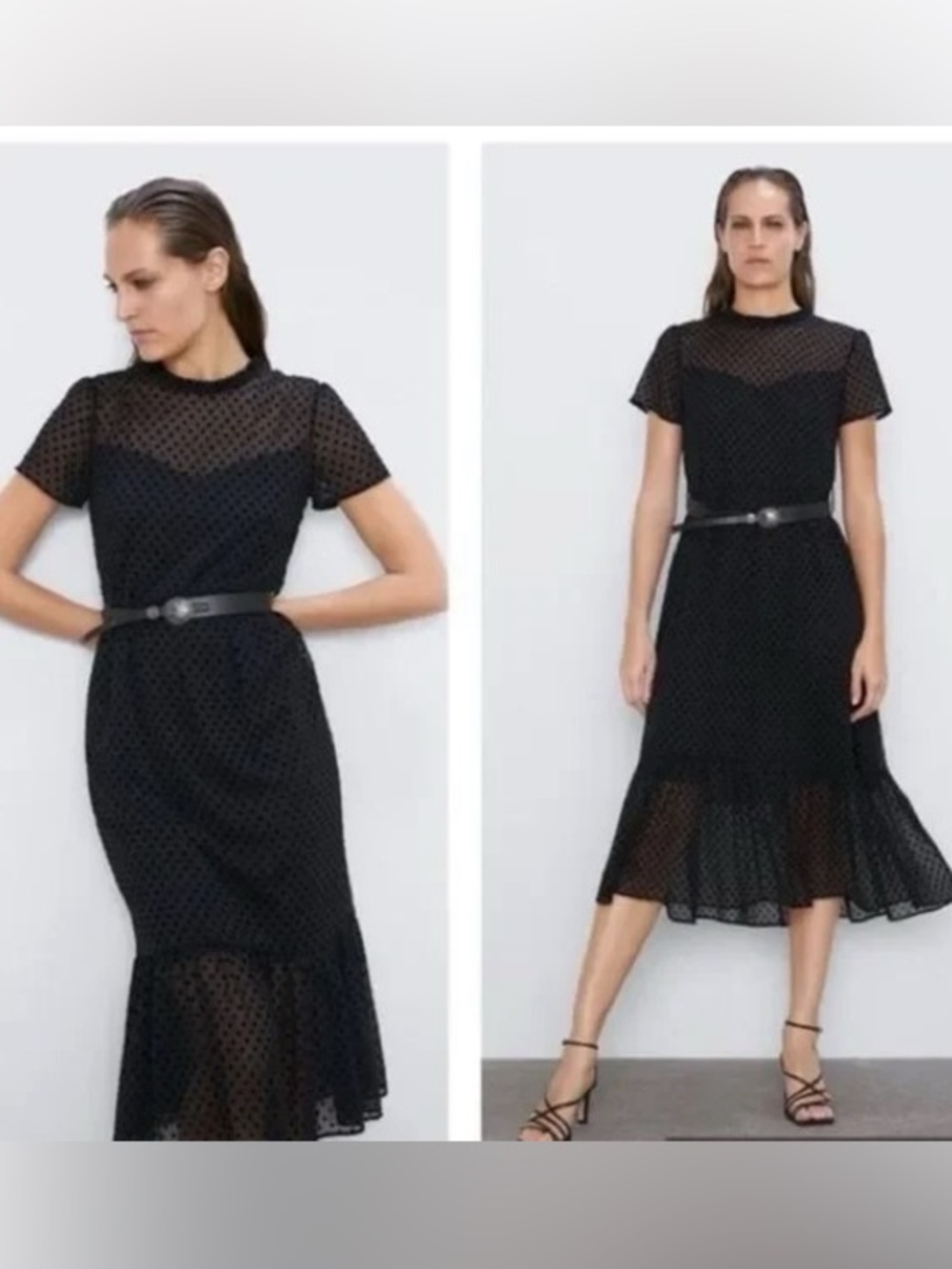 Zara Swiss Dot Black Polka Dot Mesh Midi Dress Whimsigoth Dark Romantic Sheer